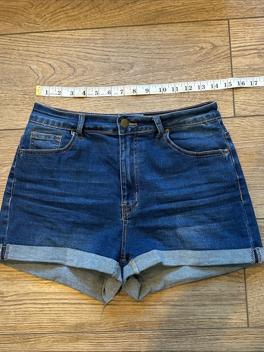 High-Rise Dark Blue Denim Roll-Cuff Women’s Shorts